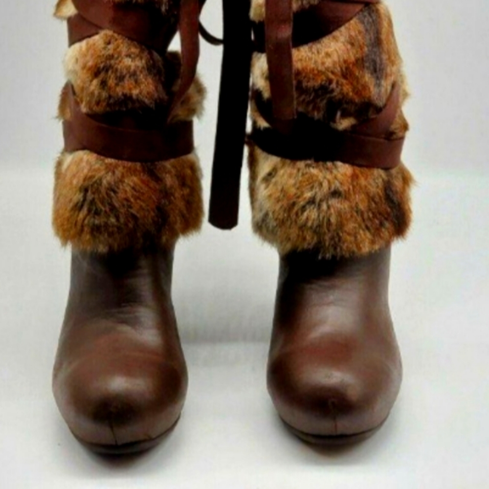 Aldo Dannis Womens Wedge Faux Fur Knee High Brown